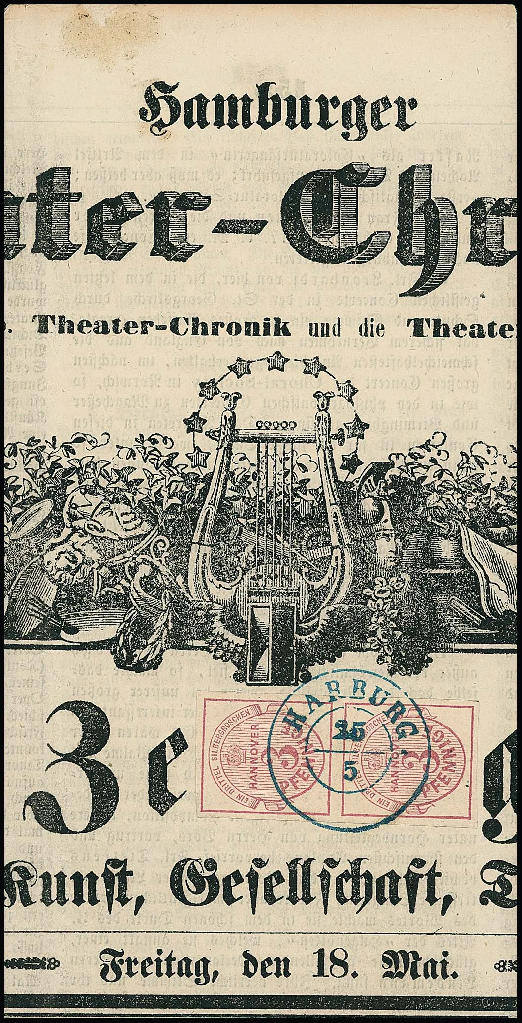 3 Pfge. dunkellilarosa, farbfrisches Luxuspaar mit einem zentrischen K2 "Harburg" auf kompletter Zeitung "Theater-Chronik" 1855. Das schönste Paar dieser…