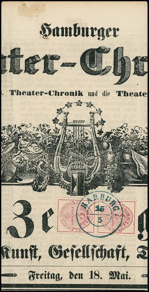 3 Pfge. dunkellilarosa, paire de luxe fraîche de couleur avec un K2 centré "Harburg" sur journal complet "Theater-Chronik" 1855. La plus belle paire de ce timbre sur journal ! Adjudication Köhler 1989 DM 17500,- + frais, certificat Berger. Photo voir dos du catalogue