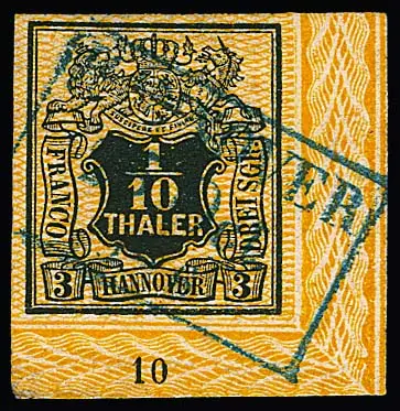 1/10 Th. schw./orange, de ce timbre rare coin de feuille de bordure de cabinet inférieur droit avec Ra3 de Hannover complet et numéro de rangée "10", une pièce de choix ! Sign. Drahn, Kruschel, Pfenninger, Engel et certificat Berger, de la collection Bovensiepen (1ère vente Kruschel 1970), 11ème vente Rauhut 1993