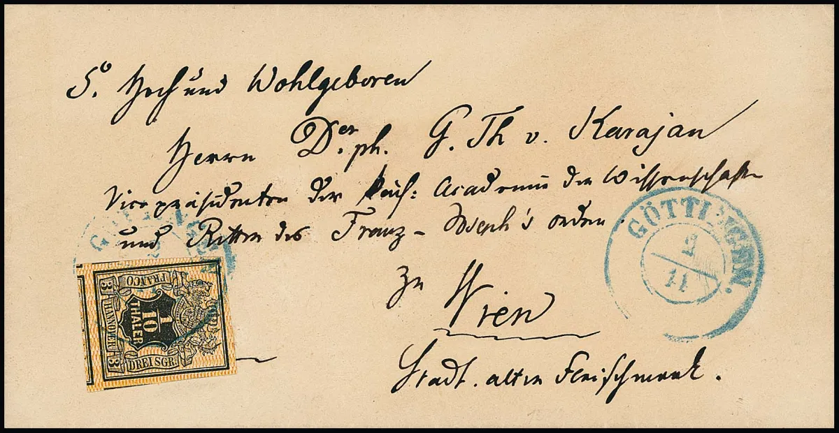 1/10 Th. schw./orange, für diese diffizile Marke eine Ausnahme-Schnittqualität, breitrandig mit Teilen von Nebenmarken an drei Seiten (!), auf Kabinettcouvert…