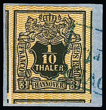 1/10 Th. noir/orange, qualité de coupe exceptionnelle avec parties de cinq timbres voisins sur trois côtés sur fragment de lettre de cabinet avec Ra3 de Hanovre