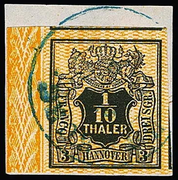 1/10 Th. noir/orange, bordure de luxe superbement découpée sur fragment de lettre avec K2 "Harburg", bord de feuille à gauche