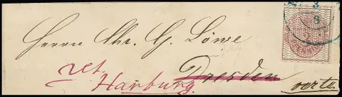 3 Pfge. carmin, gris quadrillé, exemplaire parfait sur bande de retour avec K2 "Harburg" pour Dresde et retour avec mention manuscrite
