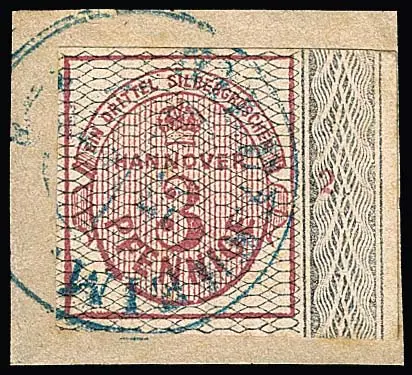 3 Pfge. carmin, noir quadrillé, avec bord de feuille complet à droite, numéro de rangée "2", sur fragment de lettre de cabinet avec K2 "Hildesheim"