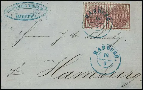 3 Pfge. carmin, noir quadrillé, paire de luxe horizontale du bord gauche de feuille sur lettre pliée avec K2 "Harburg" pour Hambourg