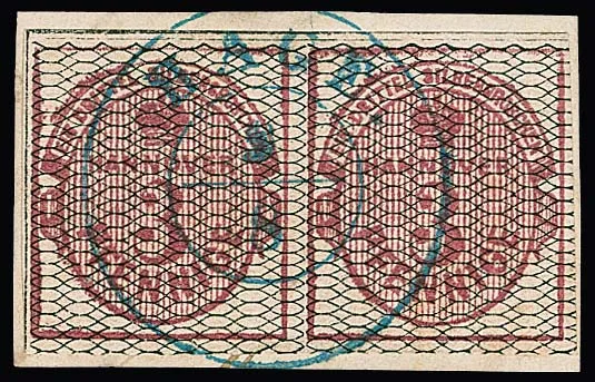 3 Pfge. carmin, noir quadrillé, en paire sur lettre de luxe avec K2 centré "Hage". Certificat Berger "une très belle paire oblitérée centrée". Mi. 800,- +