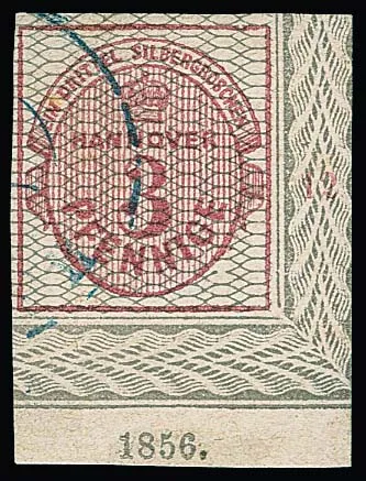3 Pfge. carmine, grey netted, larger right lower cabinet sheet corner with full border margin and year "1856" at bottom, a collector's piece from the Boker collection, certificate Jäschke-L.