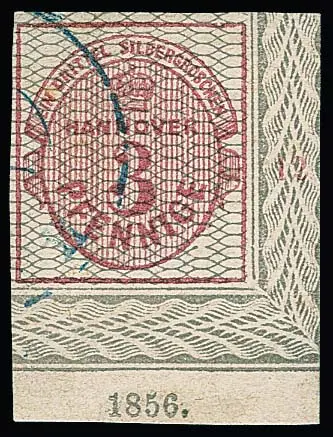 3 Pfge. carmin, gris quadrillé, plus grand coin de feuille de cabinet inférieur droit avec bordure complète et année "1856" en bas, pièce de choix de la collection Boker, certificat Jäschke-L.