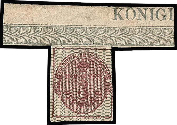 3 Pfge. carmin, gris quadrillé, malgré de petits défauts, spectaculaire pièce de bord supérieur non utilisée avec bord de feuille de 55 mm et inscription marginale "KONIGL"