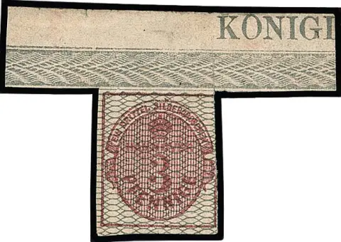 3 Pfge. carmin, gris quadrillé, malgré de petits défauts, spectaculaire pièce de bord supérieur non utilisée avec bord de feuille de 55 mm et inscription marginale "KONIGL"