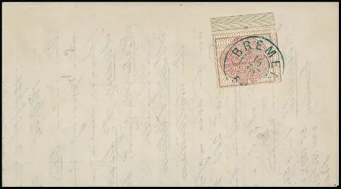 3 Pfge. carmin, gris quadrillé, pièce de bord de cabinet avec numéro de rangée "6" sur imprimé (sans bande) avec K2 "Bremen", certificat Berger