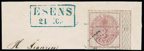 3 Pfg. carmin, gris quadrillé, très large bord, à droite bord de feuille avec numéro de rangée "11", sur pièce de lettre de cabinet avec Ra2 "Esens"