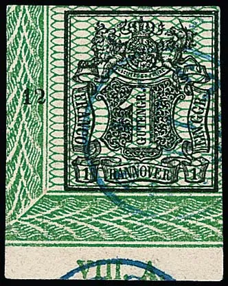 1 Ggr. black/green, larger lower left cabinet border sheet corner with full edition number "VIII.A." in the bottom margin, K1 from Osterode, photo exp. Jäschke-L.