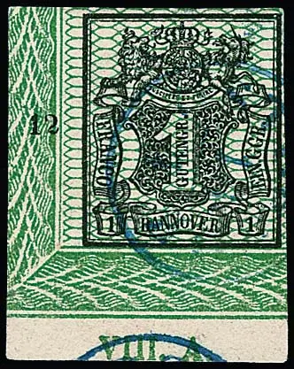 1 Ggr. noir/vert, plus grand coin de feuille de bordure inférieur gauche de cabinet avec numéro de tirage complet "VIII.A." dans la marge inférieure, K1 de Osterode, photo exp. Jäschke-L.