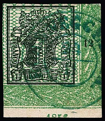 1 Ggr. noir/vert, coin de feuille de bordure inférieur droit de luxe avec numéro de rangée "12" et partie de l'année "1856", certificat Berger