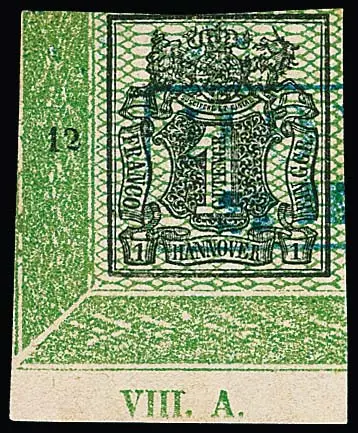 1 Gr. noir/vert, en haut très légèrement coupé sur la ligne de marge, grand coin de feuille de bordure inférieur gauche avec numéros de tirage "VIII A", signé Ressel et photo exp. Berger