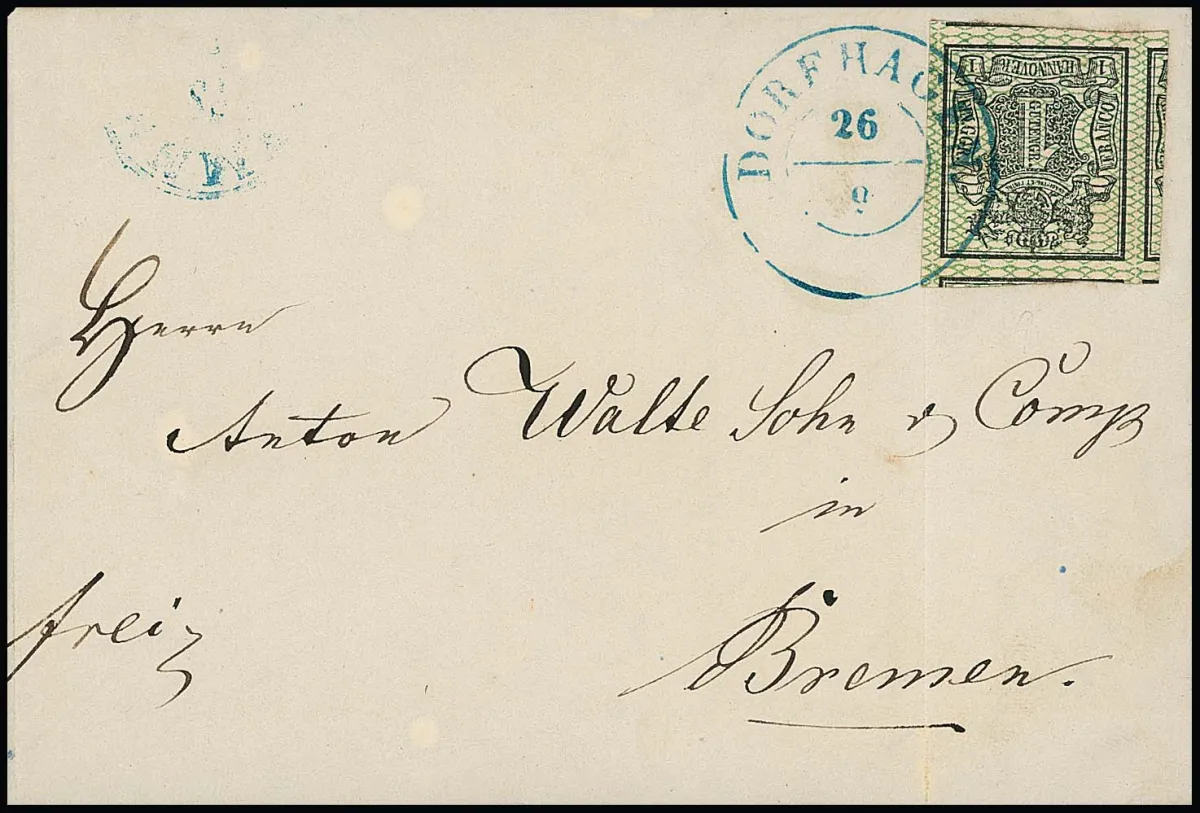 1 Ggr. black/green, for Hanover standards luxury exceptional cutting giant with larger parts of neighbouring stamps on three sides, on letter (fold outside) with K2 "Dorfhagen" to Bremen
