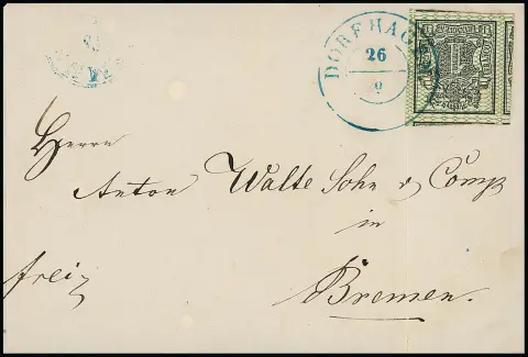 1 Ggr. noir/vert, pour les normes de Hanovre géant de coupe de luxe exceptionnel avec de plus grandes parties de timbres voisins sur trois côtés, sur lettre (pli à l'extérieur) avec K2 "Dorfhagen" pour Brême