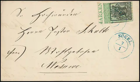 1 Ggr. vert clair, marges complètes à surdimensionnées avec bord de feuille complet et inscription "ARKEN" en haut sur lettre magnifique avec cachet K2 "Sögel"