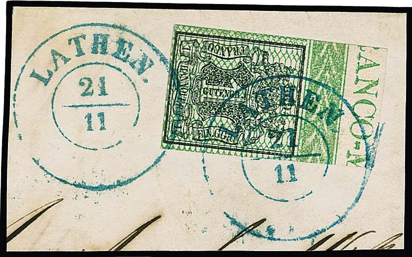 1 Ggr. vert clair avec bord supérieur complet, inscription "ANCO-M", sur fragment de lettre de cabinet avec cachet K2 "Lathen"