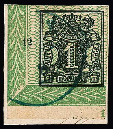 1 Ggr. vert clair, grand coin inférieur gauche de bord de feuille avec numéro de rangée "12" et début de l'année "1" dans la marge inférieure sur fragment de lettre