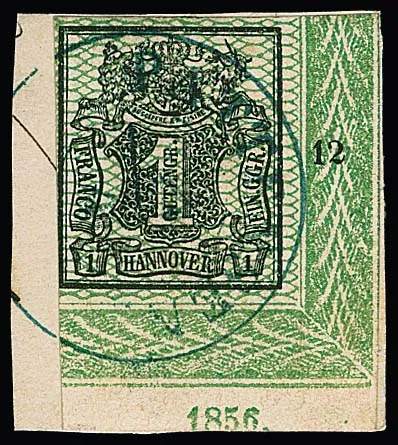 1 Ggr. light green, large bottom right sheet border corner with row number "12" and year "1856" at bottom, slightly touched on left, on letter piece with K2 "Pattensen"