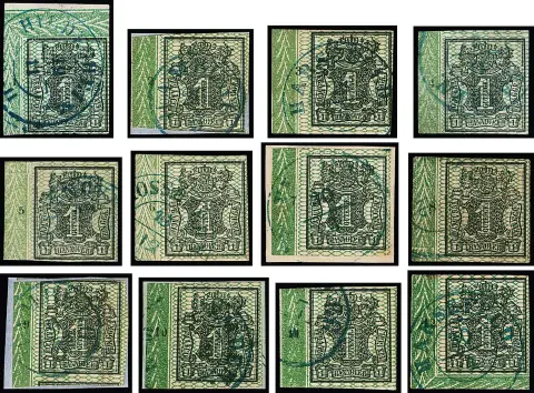 1 Ggr. noir/vert, bande complète de bordure gauche avec numéros de rangée "1" à "12", deux valeurs touchées, coin de feuille inférieur gauche avec K2 "Harsefeld", photo exp. Berger