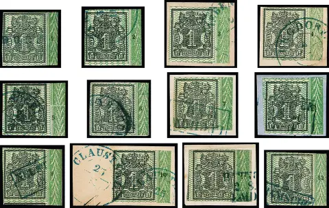 1 Ggr. noir/vert, bande complète de bordure droite avec numéros de rangée "1" à "12"