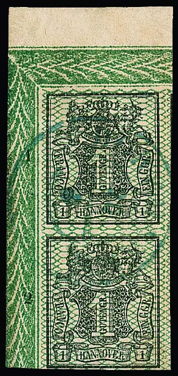 1 Ggr. noir/vert, paire de coins de feuille de bordure de luxe partiellement surdimensionnée du coin supérieur gauche avec K2 centré "Dorfhagen", numéros de rangée "1" et "2", sign. Ressel, photo exp. Berger