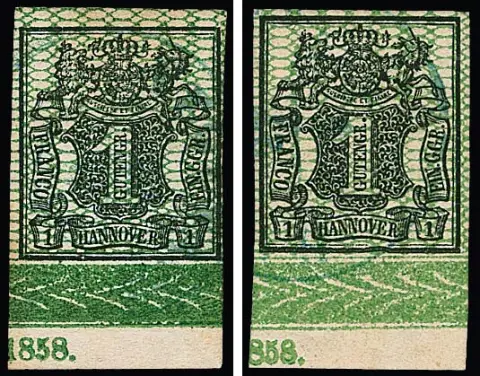 1 Ggr. noir/vert, deux pièces de bordure inférieure de feuille légèrement oblitérées avec année "1858" dans des positions légèrement différentes, une photo exp. Berger