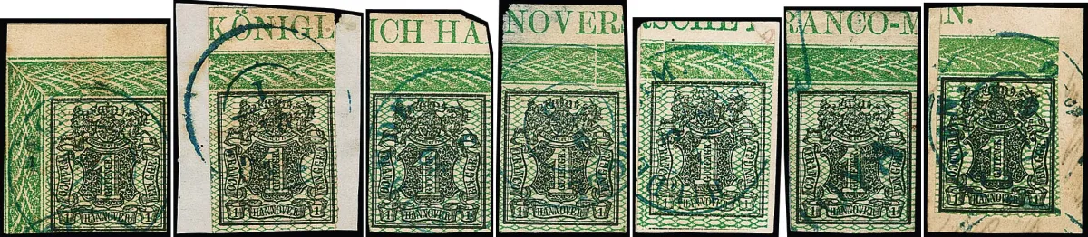 1 Ggr. black/green, seven border top pieces incl. upper left corner, complete inscription "KONIGLICH HANNOVERSCHE FRANCO…" except one value
