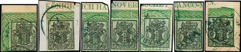 1 Ggr. noir/vert, sept pièces de bordure supérieure avec coin supérieur gauche, inscription complète "KONIGLICH HANNOVERSCHE FRANCO…" sauf une valeur