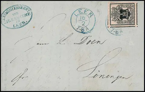 1/30 Th. noir/rose, pièce exceptionnelle, marges très larges avec parties de six timbres voisins sur les quatre côtés, sur lettre pliée de Leer