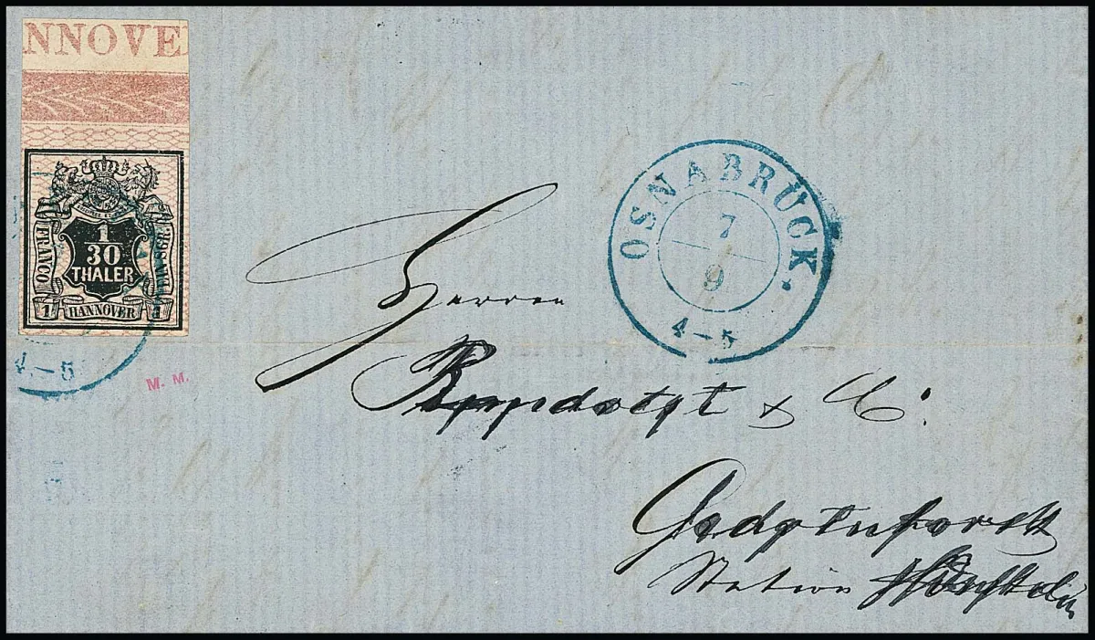 1/30 Th. black/pink, choice piece with full top sheet margin, border and marginal inscription "NNOVE" on folded letter with K2 "Osnabrück"