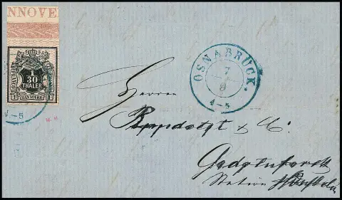 1/30 Th. noir/rose, pièce de choix avec bord de feuille supérieur complet, bordure et inscription marginale "NNOVE" sur lettre pliée avec K2 "Osnabrück"