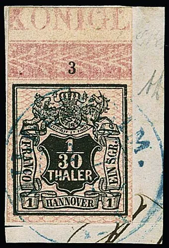 1/30 Th. black/pink with full top sheet margin, border with row number "3" and marginal inscription "KONIGL", on choice letter piece with K2 "Hildesheim"