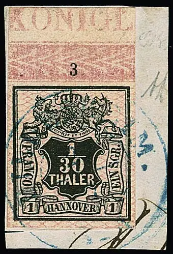 1/30 Th. noir/rose avec bord de feuille supérieur complet, bordure avec numéro de rangée "3" et inscription marginale "KONIGL", sur pièce de lettre de choix avec K2 "Hildesheim"