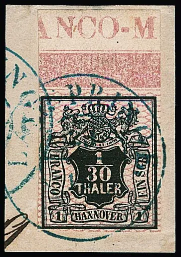 1/30 Th. zwart/roze met volledige bovenrand en inscriptie "ANCO-M" op kabinetbriefstuk met K2 "Lamspringe", gesigneerd Pfenninger