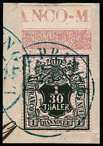 1/30 Th. noir/rose avec bordure supérieure complète et inscription "ANCO-M" sur pièce de lettre de cabinet avec K2 "Lamspringe", signé Pfenninger