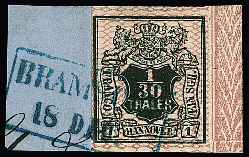 1/30 Th. black/pink, right with border sheet margin and clear border break there, top with secondary stamps, on cabinet letter piece with Ra2 "Bramsche", ex Metzer, signed Engel, Dietrich, Rappaporte et al.