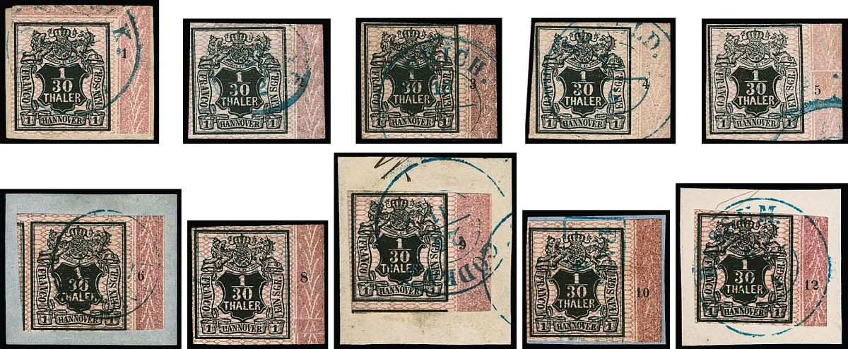 1/30 Th. noir/rose, bande de bordure droite presque complète avec les numéros de rangée "1" à "12", seulement sans "11", complète, souvent pièces de cabinet, "7" touché en haut, mais sur lettre