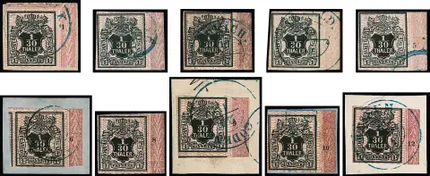 1/30 Th. černo/růžová, téměř úplný pravý okrajový pruh s čísly řad "1" až "12", pouze bez "11", kompletní, často kabinetní kusy, "7" nahoře dotčeno, ale na dopise