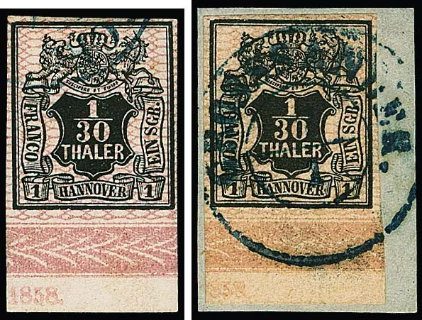 1/30 Th. black/pink, two cancelled bottom border pieces each with year "1858" in slightly different positions, one cabinet letter piece with centred K2 "Grossander" (photo cert. Jäschke-L.)