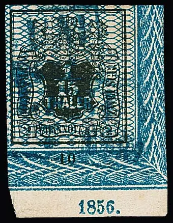 1/15 Th. černo/modrá, velký pravý dolní roh okraje (světlé tečky) s dvojitým Ra2 "Lesum", číslem řady "10" a letopočtem "1856" (vzácné), fotoexpertiza Jäschke-L.
