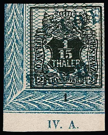 1/15 Th. černá/světle modrá, levá dolní rohová bordury s L1 "Hage", číslem řady "1" a číslem nákladu "IV.A.", velmi vzácná (pravý okraj mírně rozšířen)