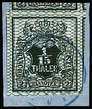 1/15 Th. černá/modrá, vynikající luxusní kus s obrovskými okraji, velmi neobvyklé části čtyř sousedních známek na třech stranách (!), K1 "Hamburg", na výstřižku. Foto expertiza Jäschke-L.