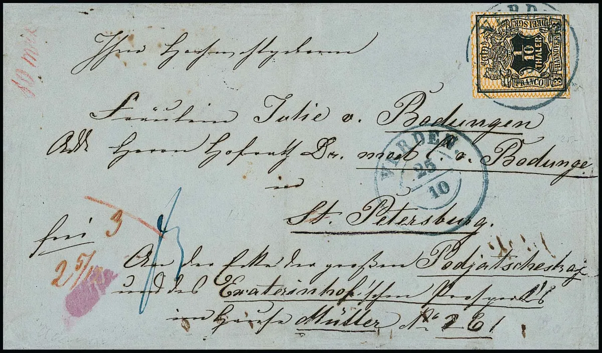 1/10 Th. schw./orange, nur rechts unten berührt, als seltenes Teilfranko auf Auslandsbrief 1857 mit K2 "Verden" nach St. Petersburg/Rußland, frankiert nur bis…