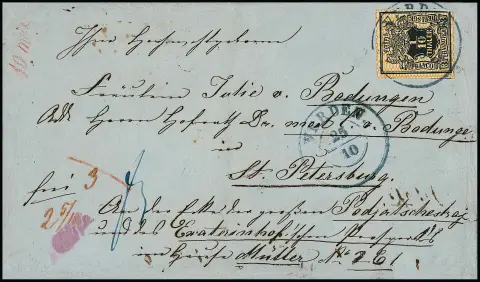 1/10 Th. černá/oranžová, pouze dotčena vpravo dole, jako vzácná částečná frankatura na zahraničním dopise 1857 s K2 "Verden" do St. Petersburgu/Ruska, frankováno pouze do hranice poštovní unie