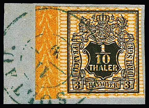 1/10 Th. brown-orange, four border margins with row numbers, "2" (oversized, signed Raybaudi), "3" (bottom slightly tight) and "7" on beautiful cabinet letter piece with K2 "Soltau", each on left, and "4" on right (slightly rubbed)