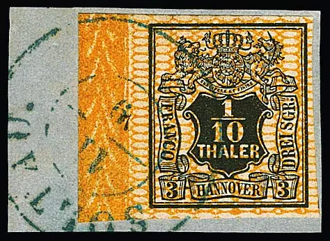 1/10 Th. hnědooranžová, čtyři okrajové proužky s čísly řad, "2" (přesahující, sign. Raybaudi), "3" (dole poněkud těsná) a "7" na krásném kabinetním ústřižku dopisu s K2 "Soltau", každý vlevo, a "4" vpravo (poněkud otřelá)